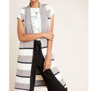 Anthropologie Cardigan M Cream Gray Pencey Longline Striped Boho Southwest Vest